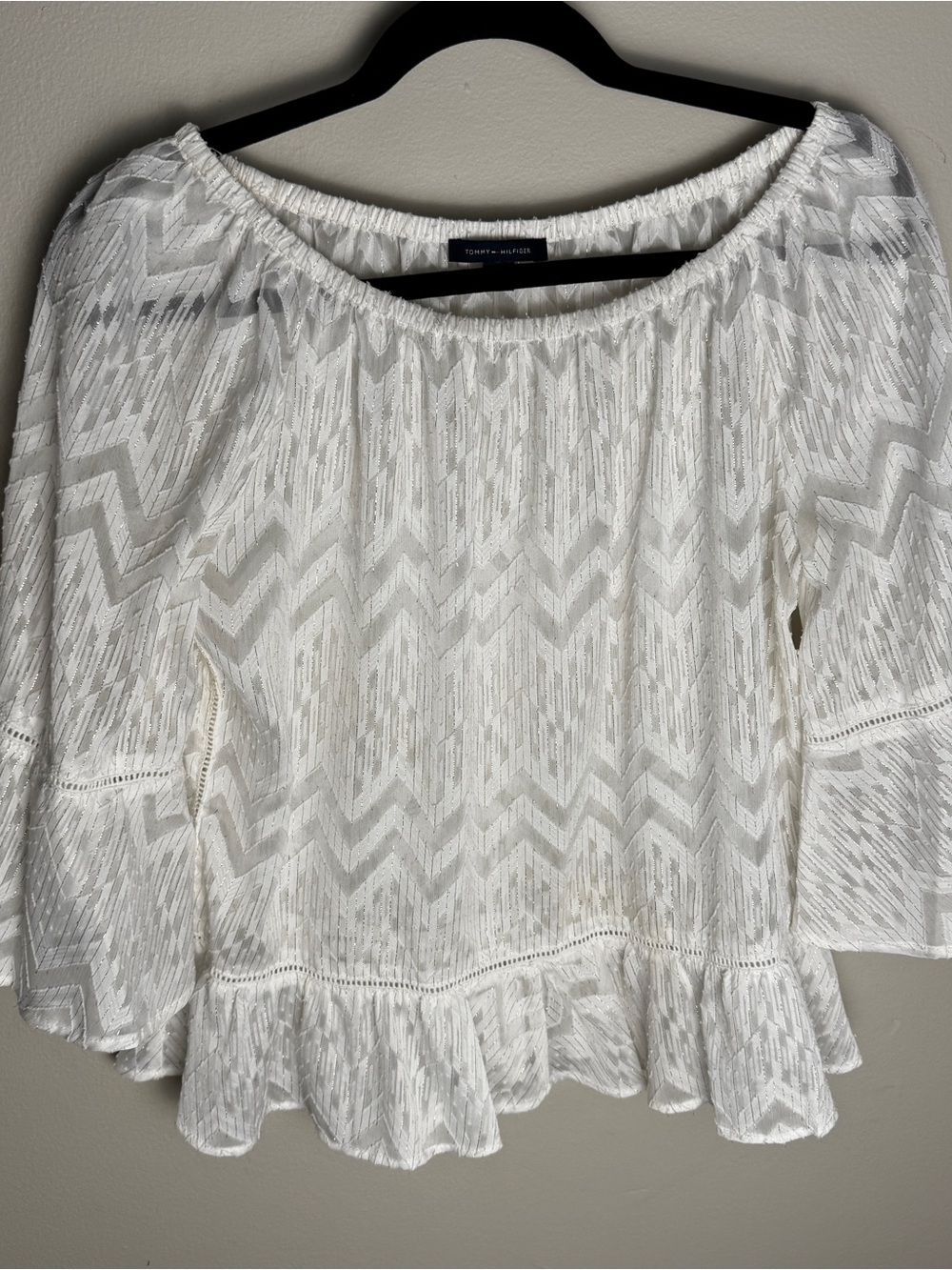 Tommy Hilfiger Boho Off-The-Shoulder Peasant Blouse‎ White Medium Chevron Lace
